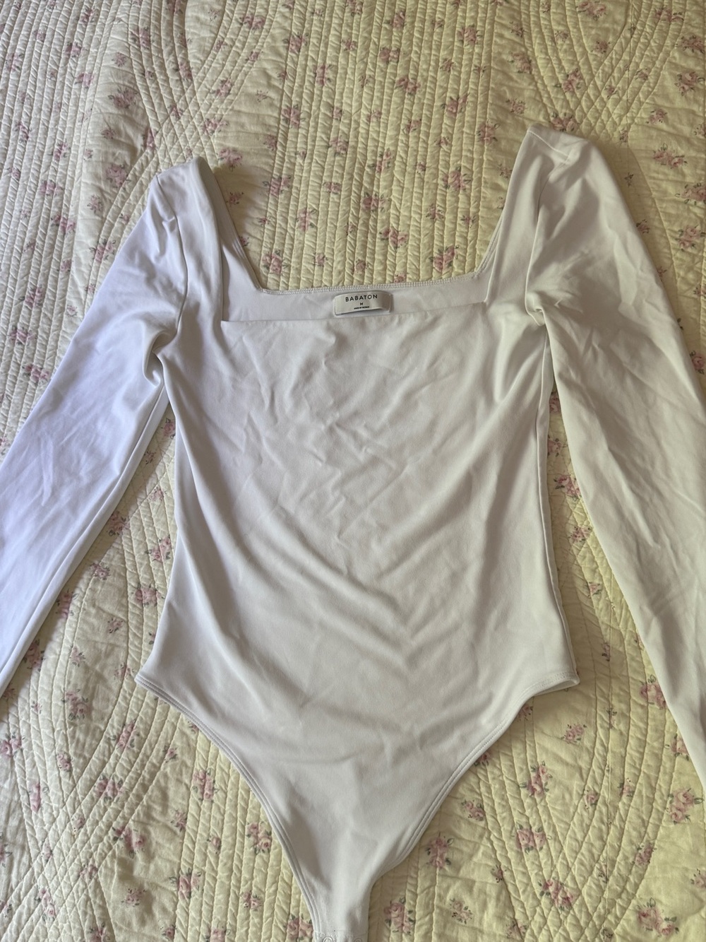 Babaton White Long Sleeve Square Neck Bodysuit
